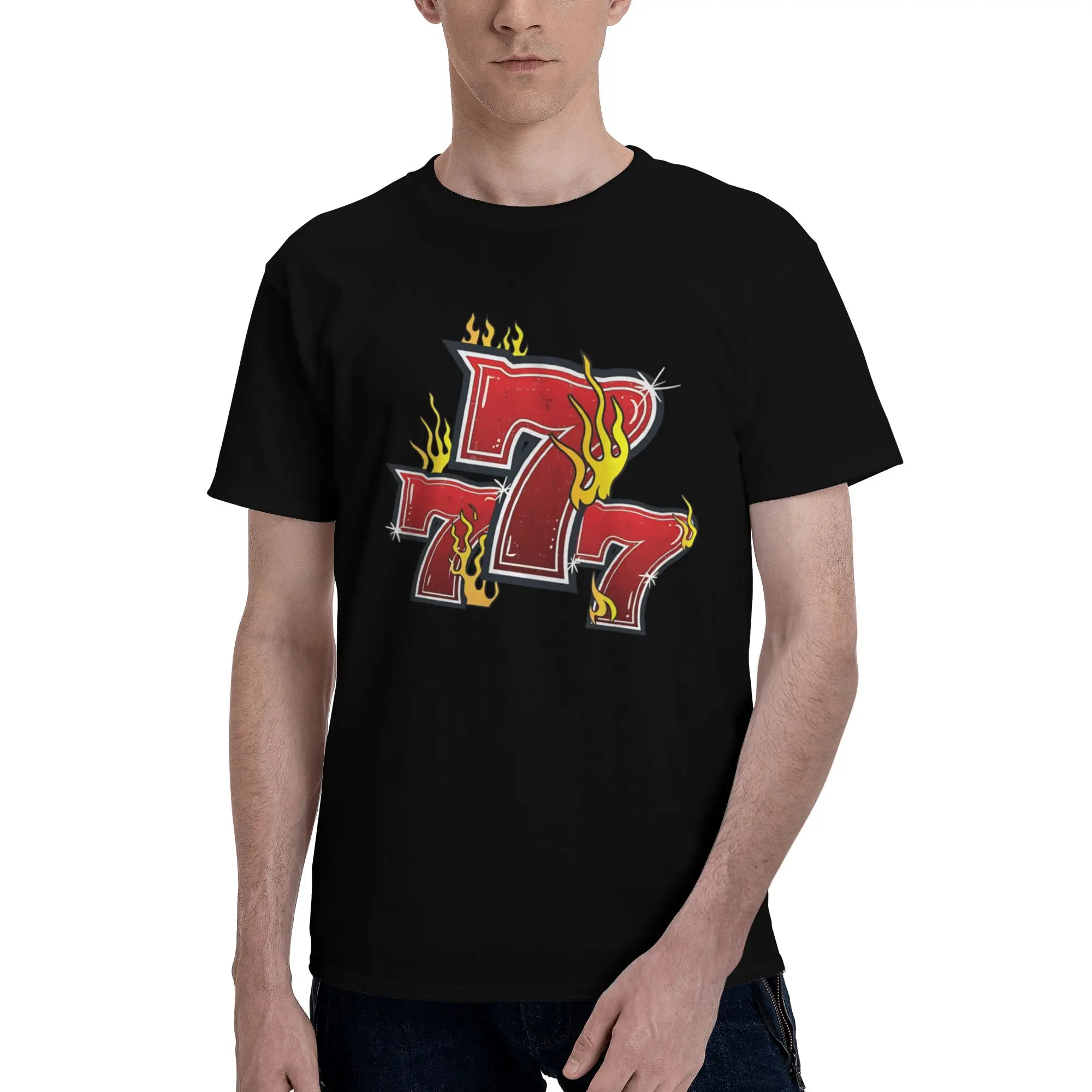 Slot Machine Numbers Jackpot Men T Shirt 777 Lucky Vintage Tees Short Sleeve Crew Neck 100% Cotton Summer Clothing T-Shirt