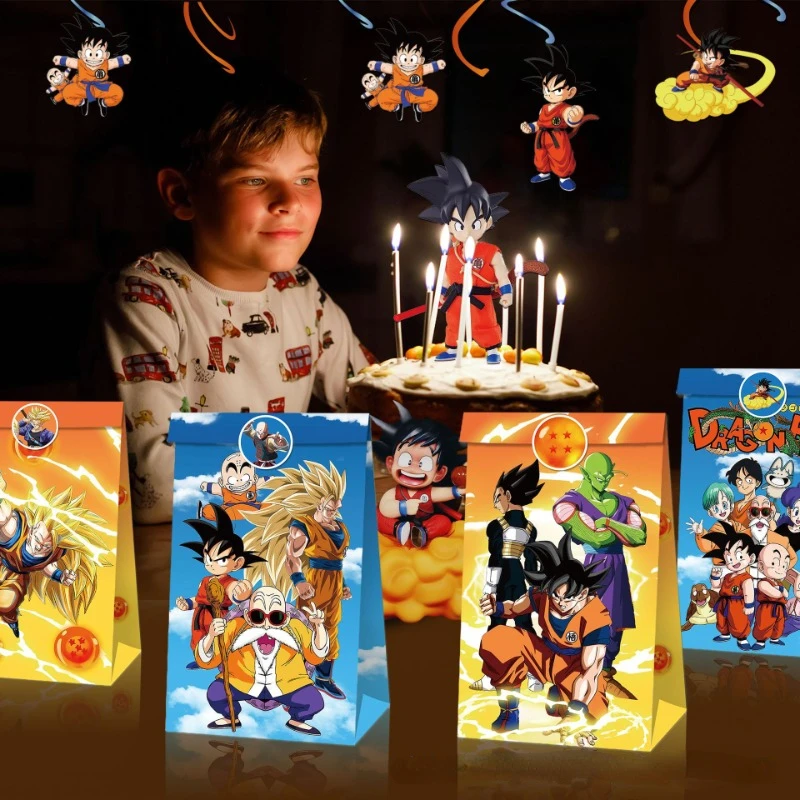 12pcs Dragon Ball Son Goku Gift Bags Anime Children Birthday Party Candy Bag Kraft Paper Packaging Boxes Treat Bag Supplies Gift