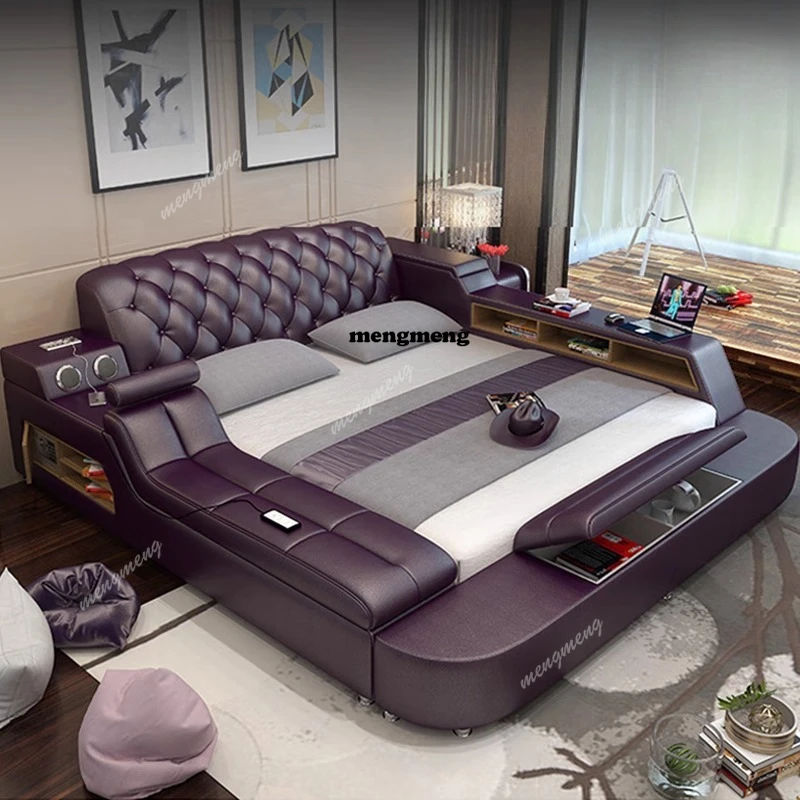 

Leather Storage Double Bed Multifonction Luxury Tatami Massage Bed Living Room Minimalist Camas De Dormitorio Furnitures