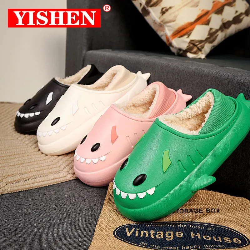 

YISHEN Shark Slippers For Women Men Winter Warm Plush Cute Home Cotton Shoes For Couple Anti-skid Waterproof Zapatillas Mujer