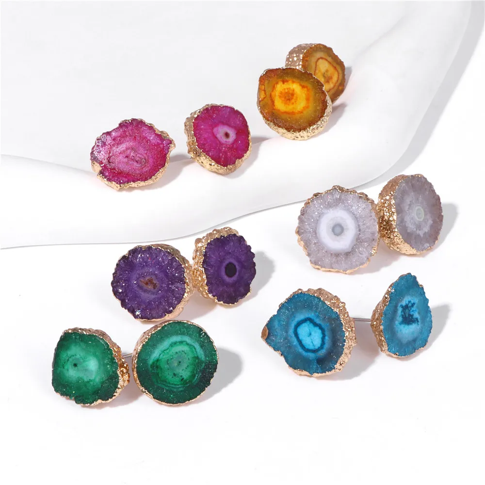 New Fashion Stud Earrings Natural Stone Agates Druzy Earring Golden Color Ore Resin Cute Cool Earrings For Women Jewelry Gifts