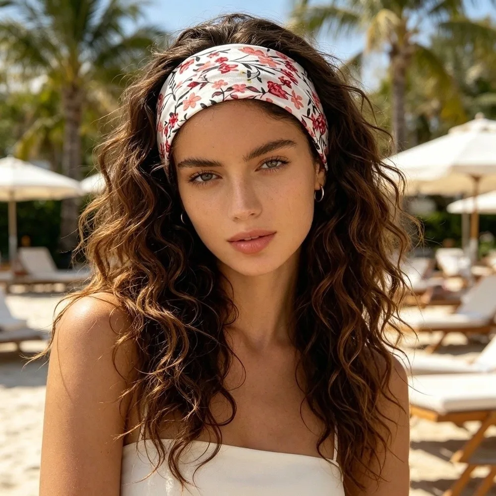 Floral Pattern Elastic Headband Elastic Stretch Sweat Absorbent Sports Sweatband Breathable Fabric Wide Width