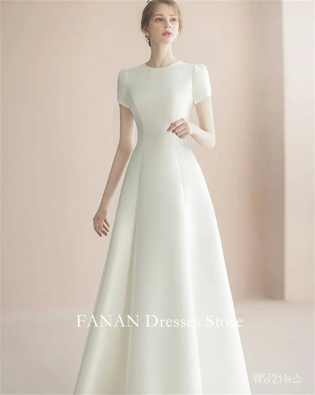 

FANAN O-Neck Korea Ivory A-Line Zipped Wedding Dresses 웨딩드레스 Short Sleeves Vintage Customized Pretty Bride Gowns Plus Size