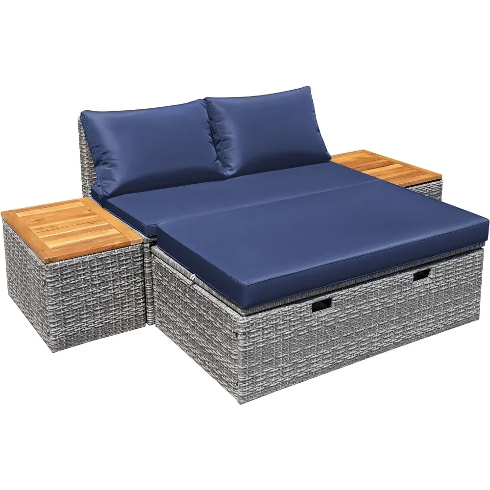 Outdoor Daybed Set Multifunctional Patio Day Bed Rattan Lounge Bed with 2 Side Tables for Backyard Porch Poolside Lawn Beach