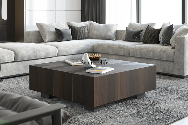 Italian Square Coffee Table Nordic Italian Smoked Wood Carbon Roasted Wood Storage Light Luxury Post-Modern