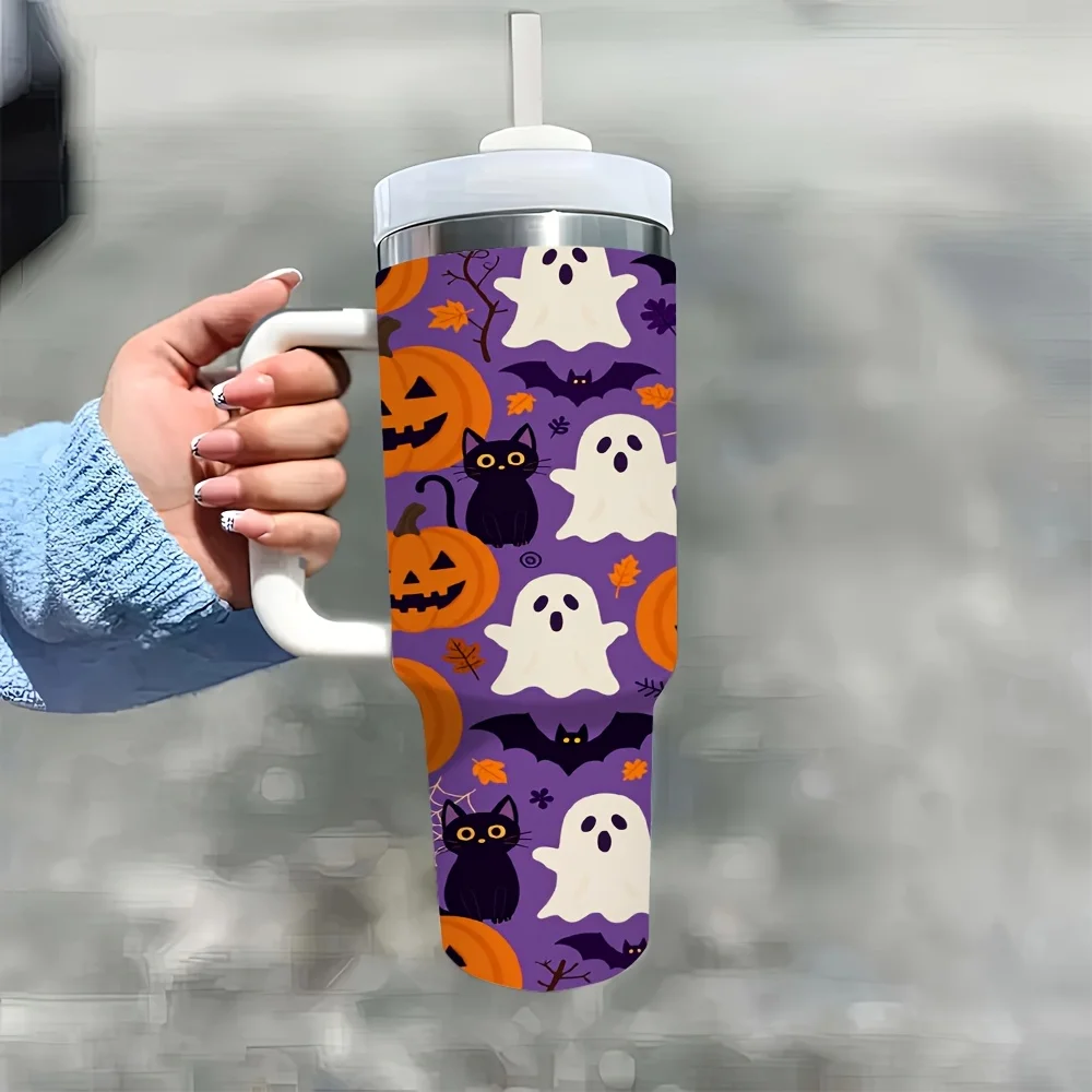 1ps Halloween And Christmas 40Oz Insulated Stainless Steel Tumbler with Handle And Straw, Cute Spooky Ghost Pumpkin Bat Candy Print Water Bottle, Reusable Coffee Cup for Home Office Outdoor Travel Halloween Party Daily Use
