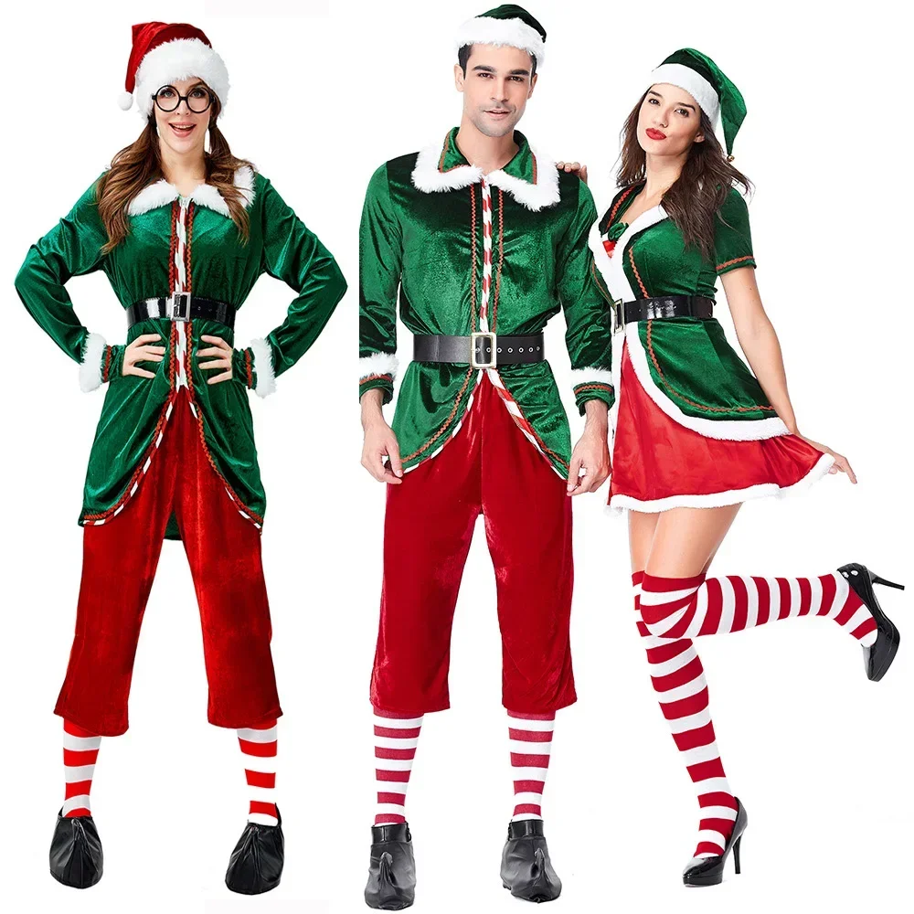 

Adult Couples Family Mr & Mrs Christmas Santa Elf Costume New Year Fleece Green Claus Clothes For Men & Women Plus Size