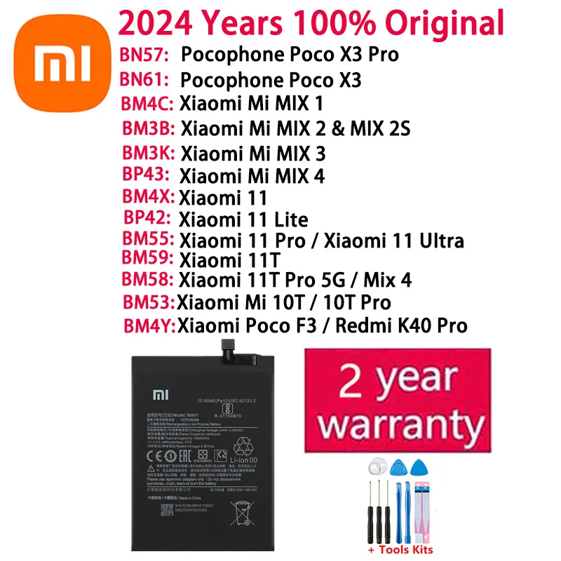 Batería Original Xiaomi de 2024 años para Xiaomi Mi Mix 1 2S 3 4 Poco X3 F3 Redmi K40 10T 11T Mi 11 Mi11 Lite Ultra Pro