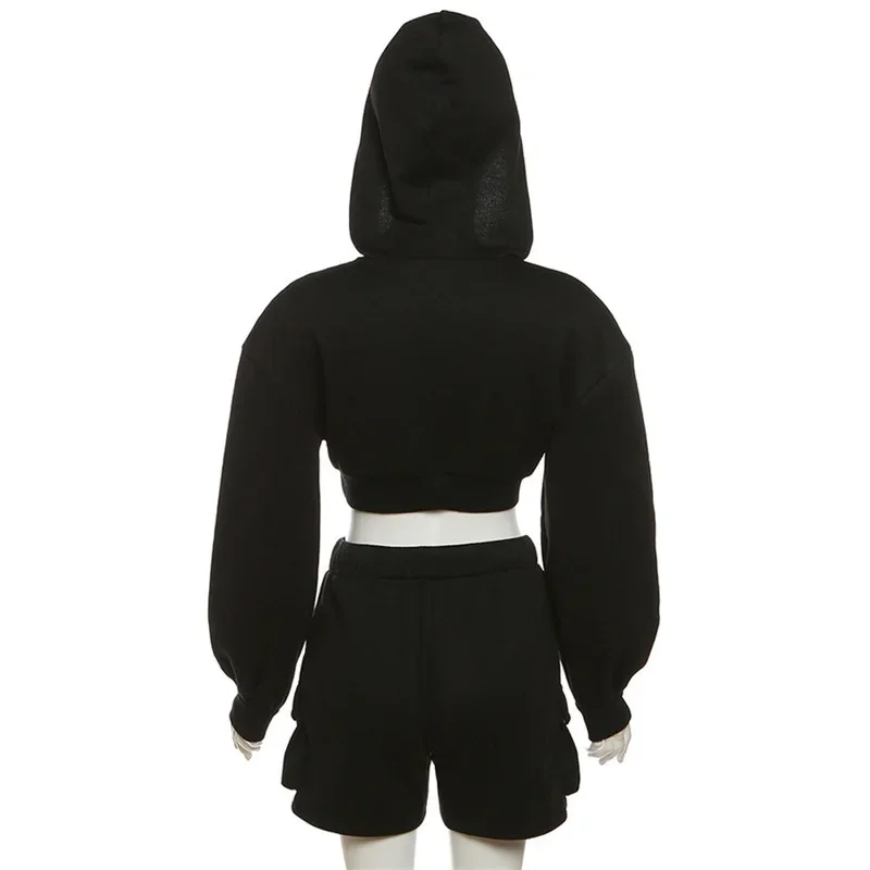 Solid Color Tracksuit Women 2023 Autumn New Casual Long Sleeve Hooded Crop Top High Waist Slim Fit 3/4 Shorts Sports Streetwear