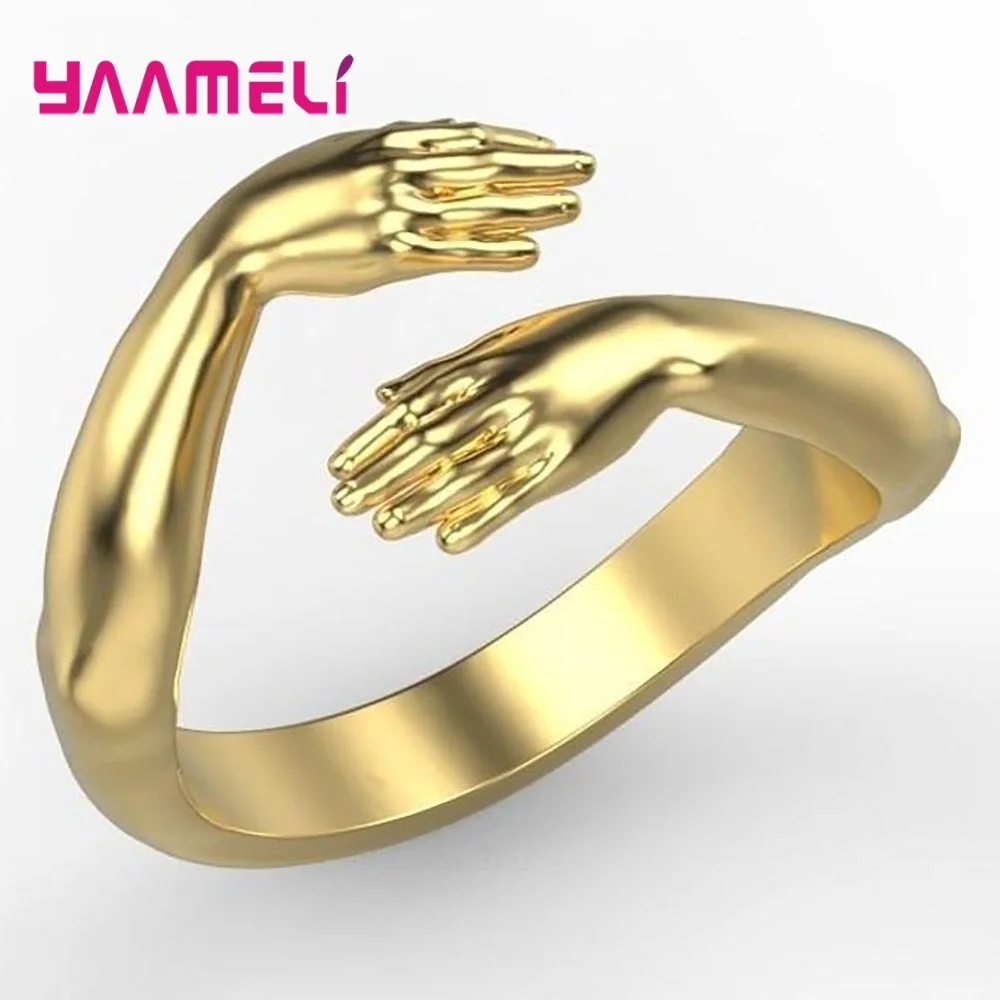 New Trendy Love Hug 925 Sterling Silver Color Ring Fashion Lady Open Adjustable Band Jewelry Gifts for Lovers Couple Platinum