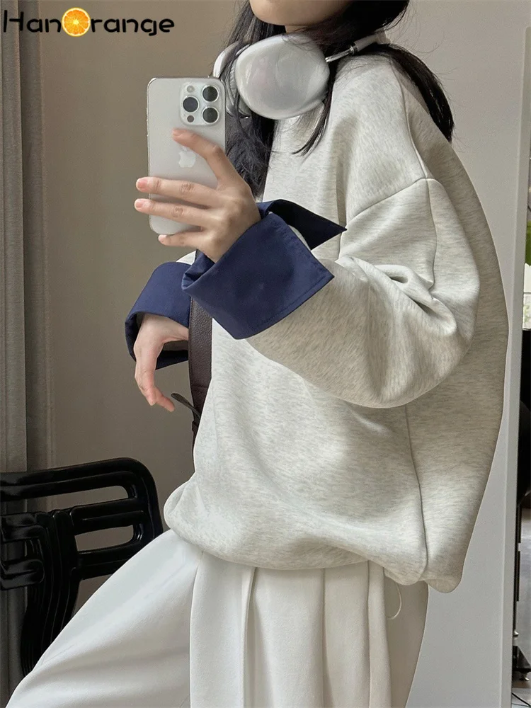 HanOrange 2025 Spring Simple Lazy Splicing Sleeve Sweatshirt Loose Silhouette Comfortable Top Black/Apricot Blossom