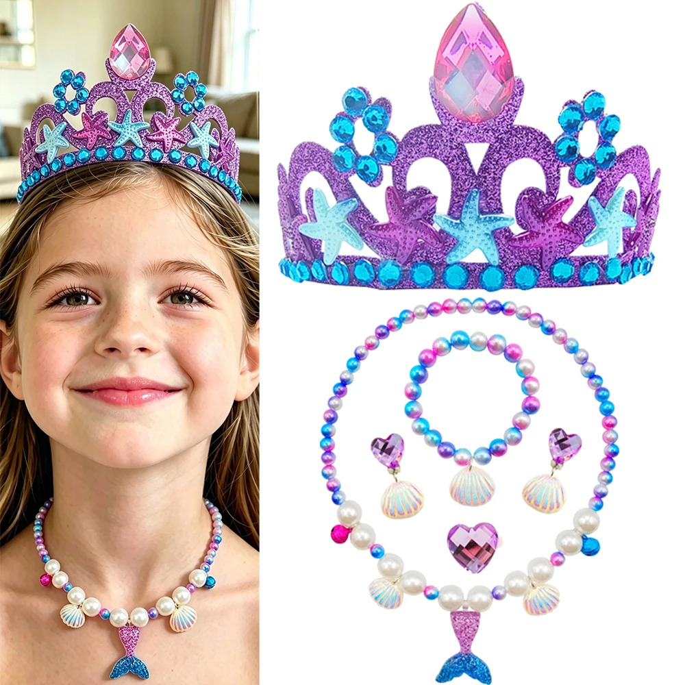 Mermaid Tail Necklace Earring Bracelet Set Purple Crown Headband Princess Cosplay Accessories for Girls Birthday Party Halloween