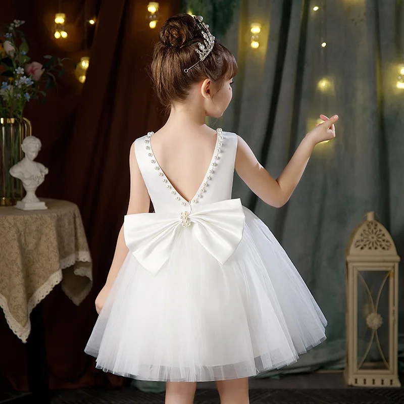 

4-9 Years Old Party Girls Dresses Kids Hosts Piano Performance Costumes Mesh Princess Dress Bow Sleeveless Children's Clothing