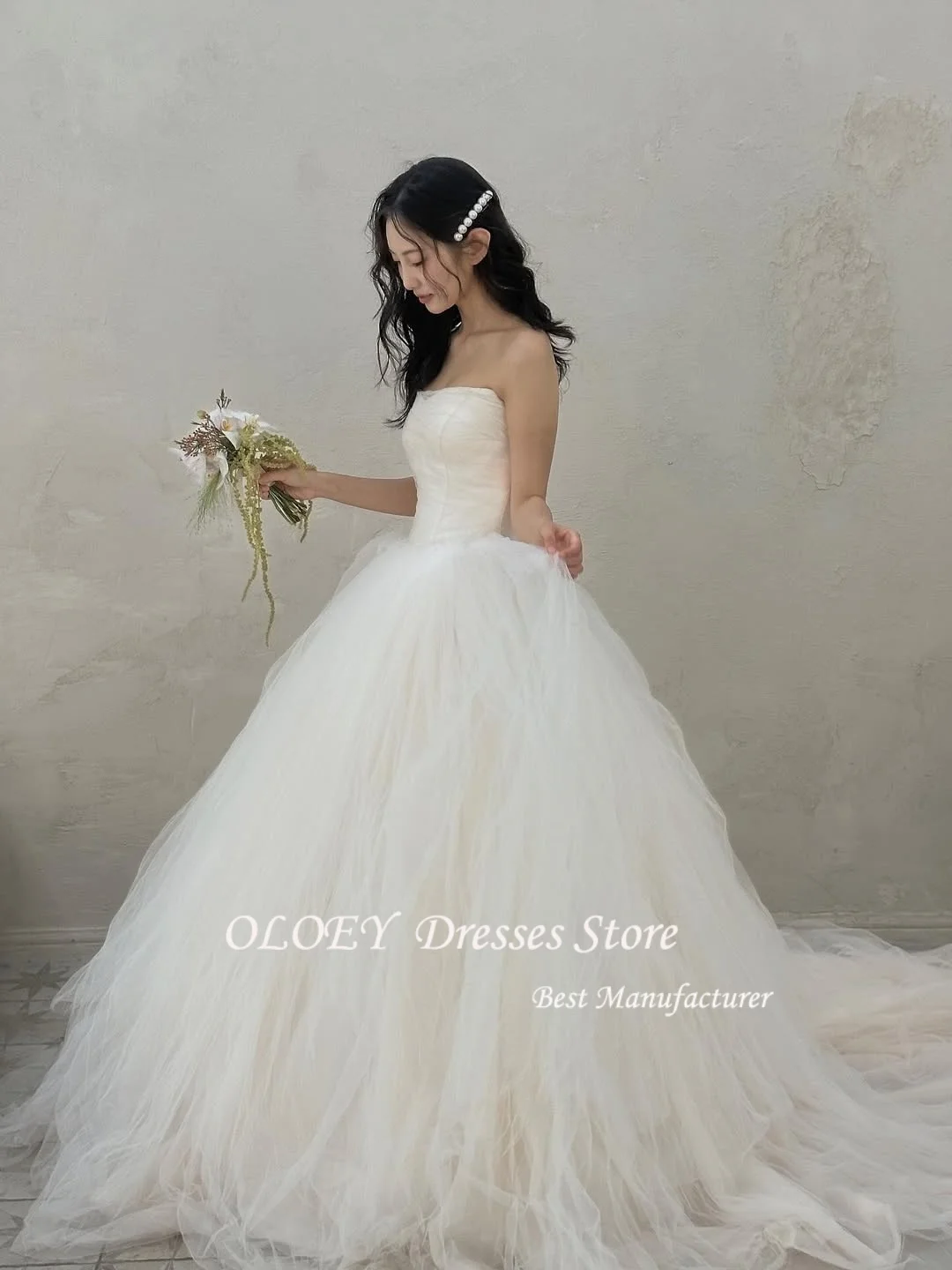 OLOEY Princess A Line Tulle Korea Wedding Dresses Strapless Bride PhotoShoot Dress Customized Floor Length Puffy Long Bride Gown