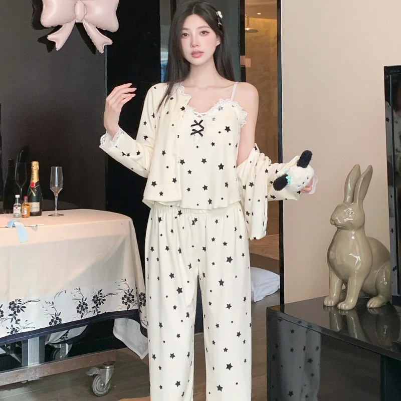 

Luxury Velvet Female 3Pcs Pajamas Set Sleepwear Sexy Star Lace Trouser Pijamas Suit with Lace Fashion Casual Home Wear