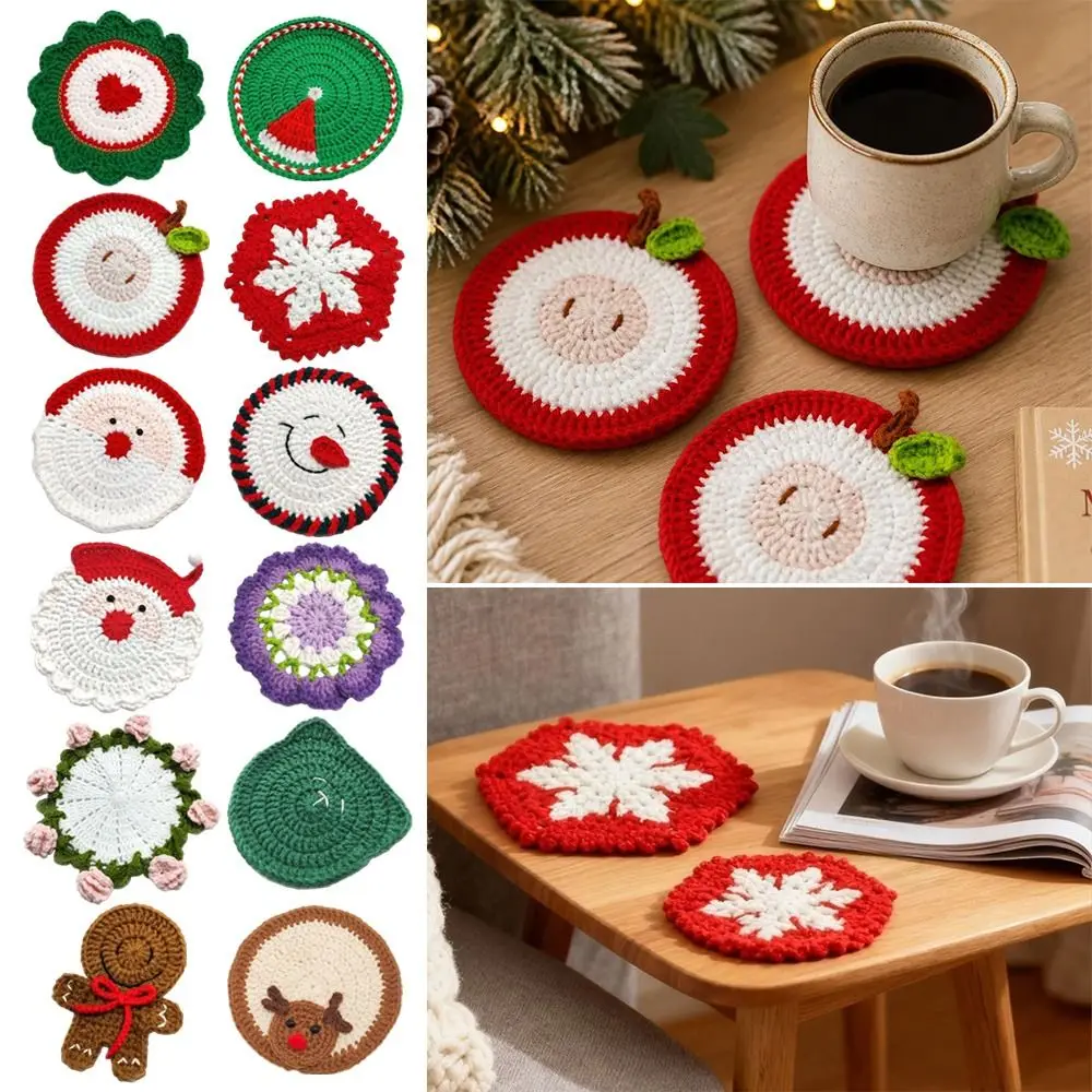Cute Hand-Knitted Christmas Crochet Coaster Hand Crochet Heat Resistant Mug Pad Cup Mat Xmas Decor Gift