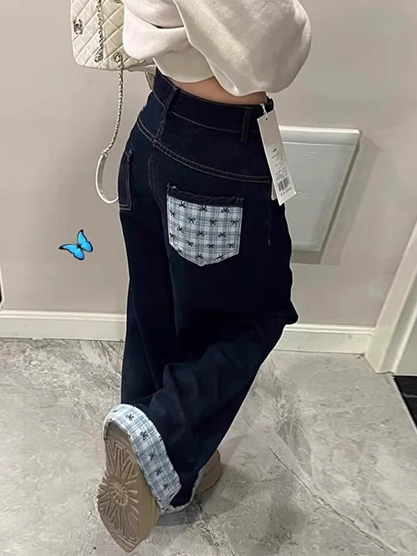 

plus Size American High Street Design Plaid Splicing Women's Jeans Spring Autumn Loose Straight Leg Floor-Length Pants
