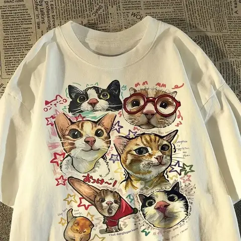 American Retro Fun Cartoon Cat Print Short-sleeved T-shirt Women's Summer Loose Top T-shirt Graphic T Shirts Women Clothing Y2K