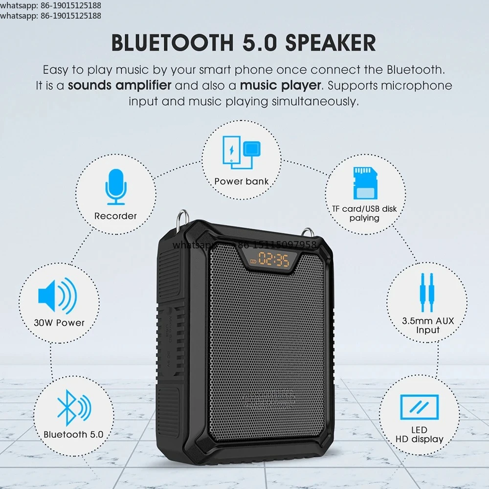 2026 30W Portable Voice Amplifier with Wireless Microphone For Teachers IPX6 Waterproof Bluetooth5.0 Speaker 5000mAh Power Bank