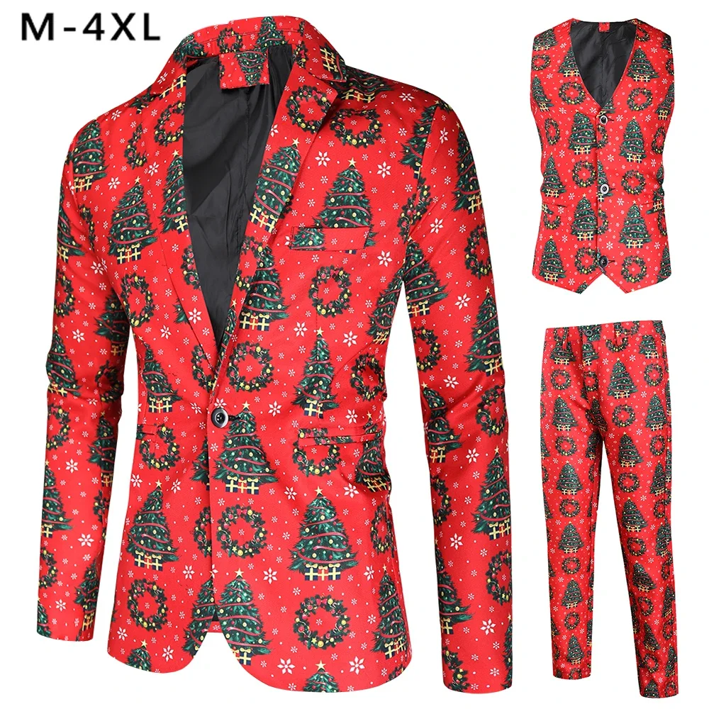 

Red Christmas Tree Dress Up Men Suits Blazer + Vest + Trousers Autumn Winter Casual Single Button Suit Sets Costume Traje Hombre