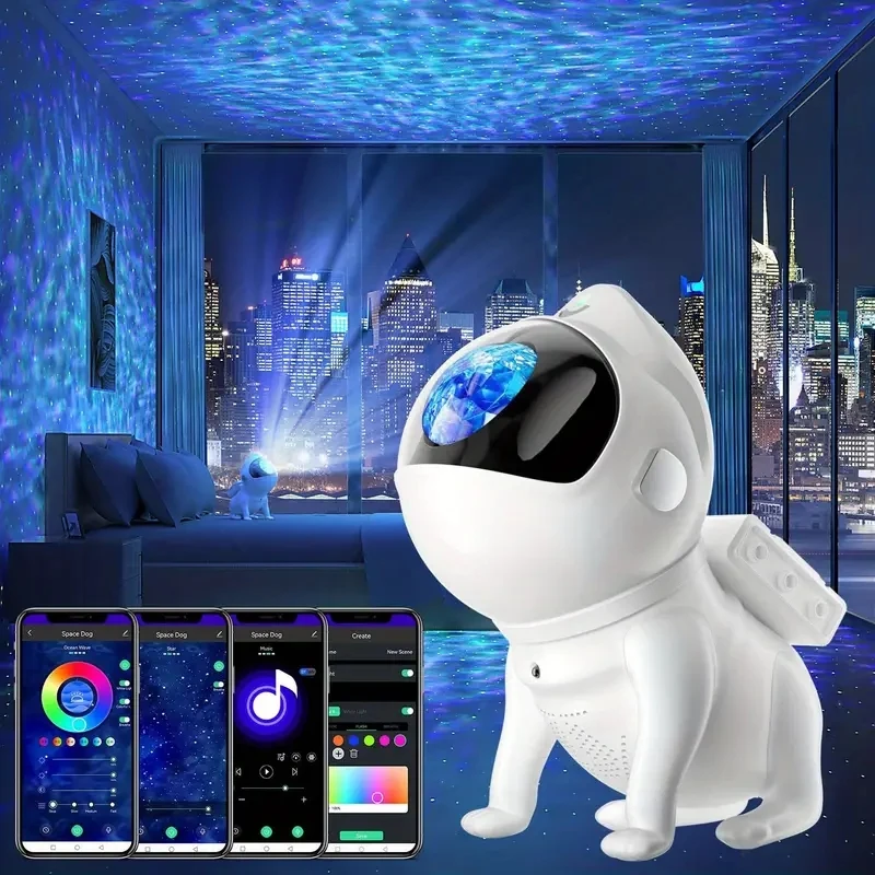 360° Rotating Space Dog Tuya Wifi Galaxy Star Projector 21 Color Modes With Music Speaker Phone App Remote Control For Kids Gif