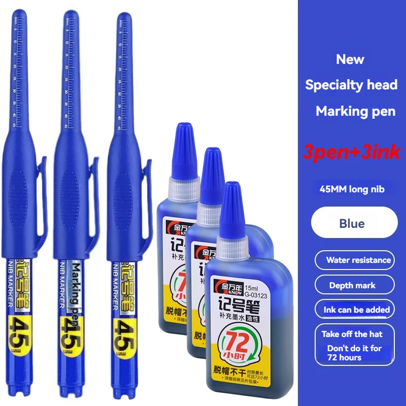 45 mm wasserdichte Tiefloch-Markierungsstifte mit langem Spitzenkopf, Zimmermannsstift, weiße/schwarze/blaue Tinte für Mehrzweck-Handwerkzeuge für die Holzbearbeitung