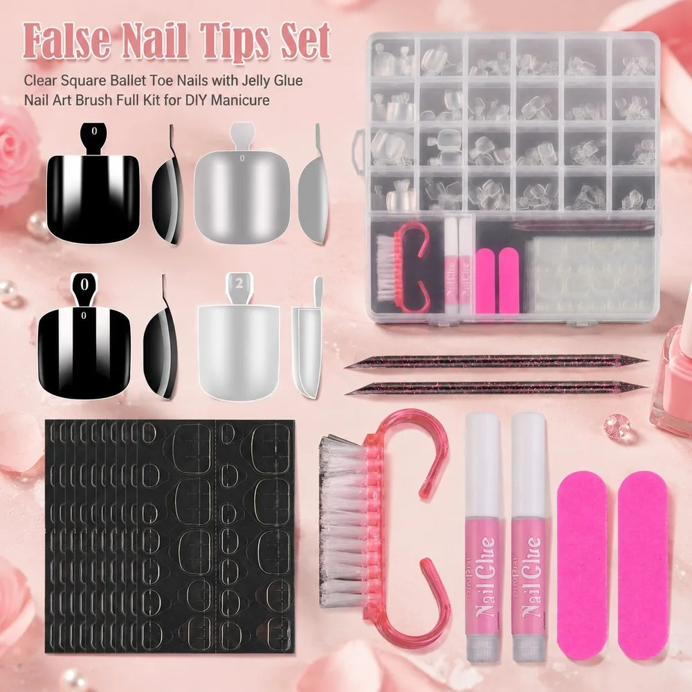 288pcs Fake Nail Tips Flat Back Acrylic Nails with Adhesive Glue Dead Skin Brush Sanding Files DIY Nail Art Accessories Kit