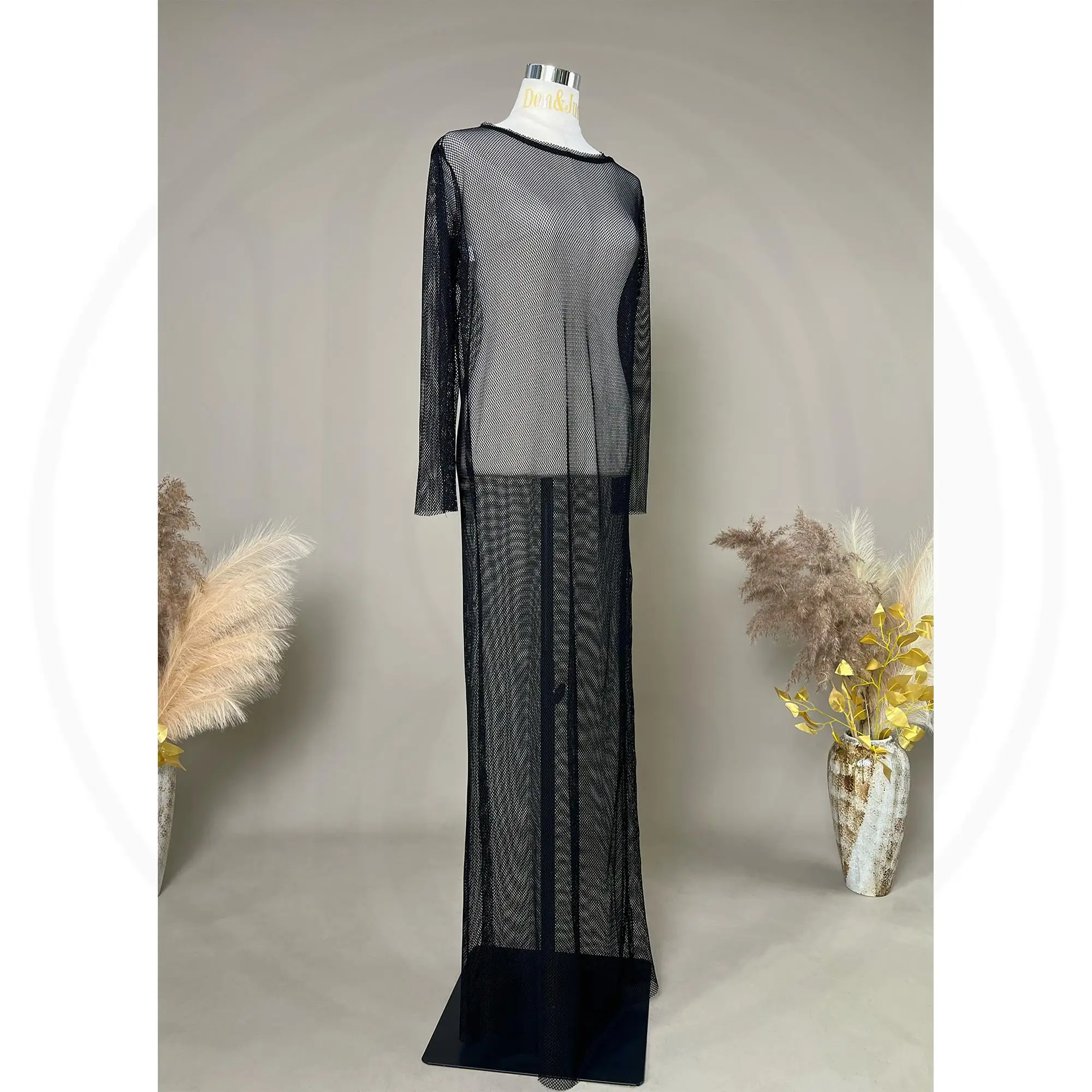 Don&Judy Gown For Pregnant Woman Photo Shoot Sexy Perspective Dress Fishnet Long-Sleeve Dress For Woman