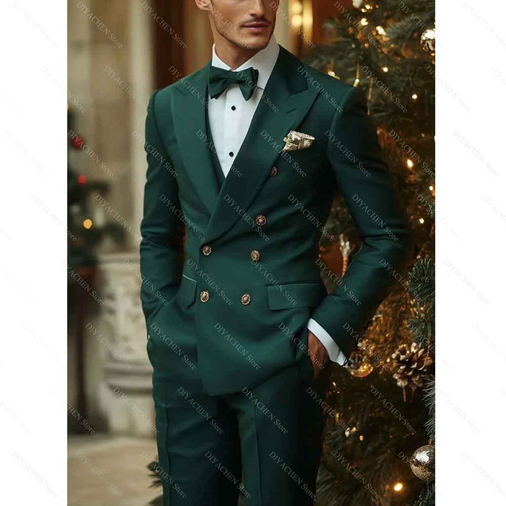 

Green Men Suits Fashion Peak Lapel Double Breasted Male Suit Solid Color Slim Party Formal Wedding Groom Tuxedo Two Piece