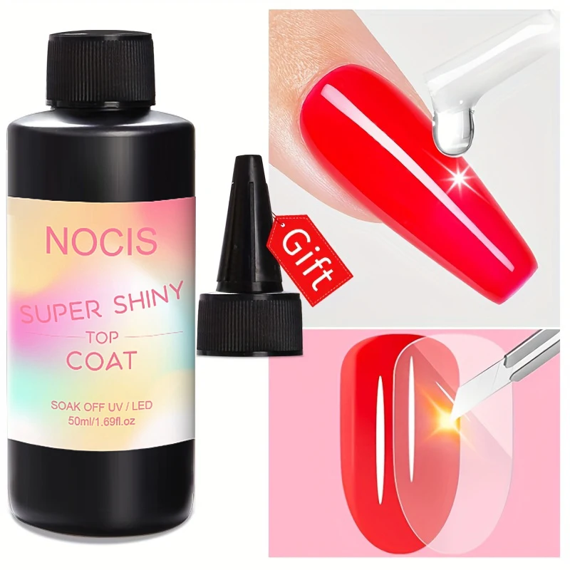 スーパートップコート 50ml - ノンワイプ、ソークオフLEDネイルアートジェル、低刺激性ニス、ホルムアルデヒドフリー、大人向け光沢仕上げ