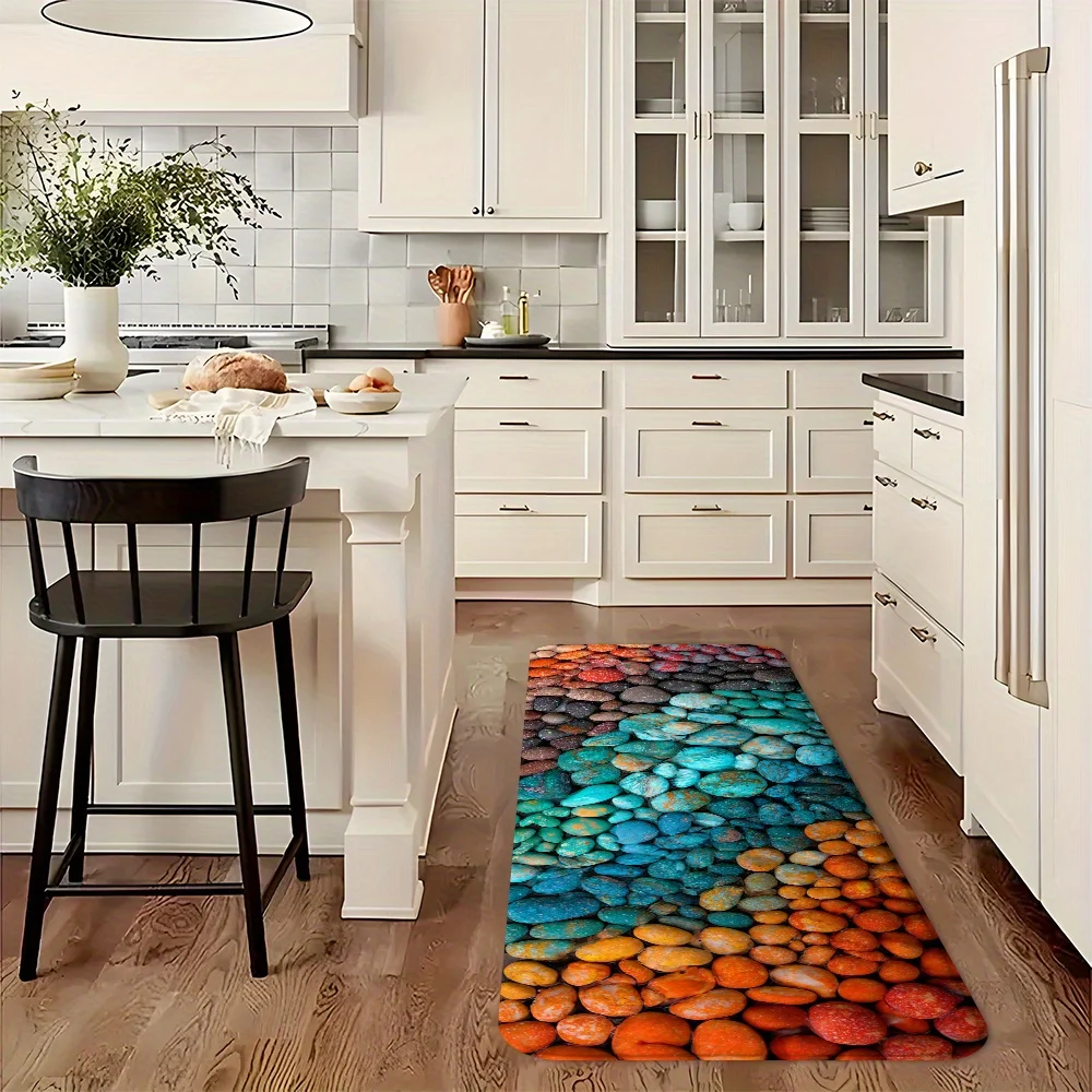 Colorful 3D Pebble Stone Runner Mat Anti Slip Absorbent Rug Natural Cobblestone Print Carpet for Bathroom Cooking Laundry Room