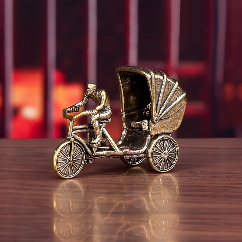 

Antique Solid Brass Rickshaw Model, Mini Vintage Driver Figurine, Street Scene Desktop Decor, Collection Home Office Gift