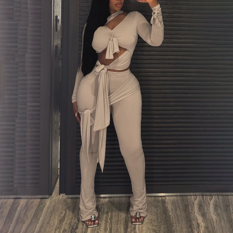 

STYLISH LADY Lace Up Bandage 2 Piece Set Women Long Sleeve Crop Top and High Waist Skinny Pant Sets 2025 Autumn Matching Outfits