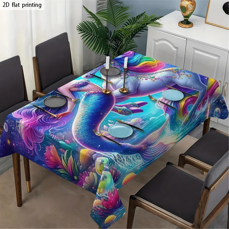 Vibrant Underwater Mermaid Scene Tablecloth Waterproof Spillproof Dining Table Cover for Home Decor