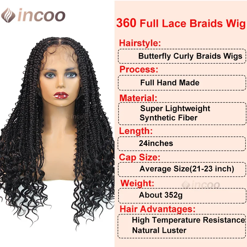 24 "ผีเสื้อกล่องวิกผมถักสังเคราะห์ Cornrow ลูกไม้เต็มกล่อง Braided Wigs สําหรับผู้หญิงสีดําธรรมชาติผมเด็ก 360 วิกผมลูกไม้