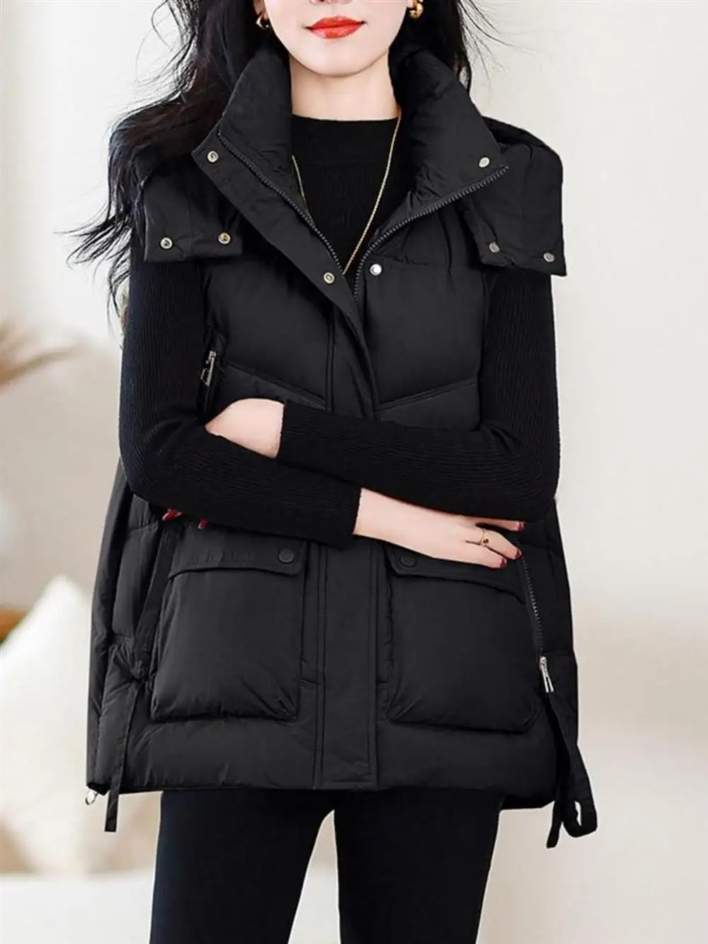 

Women's down Cotton Vest Autumn Winter New 2025 Korean Loose Hooded oulder Pad Thiened Outerwear Jaet Vest