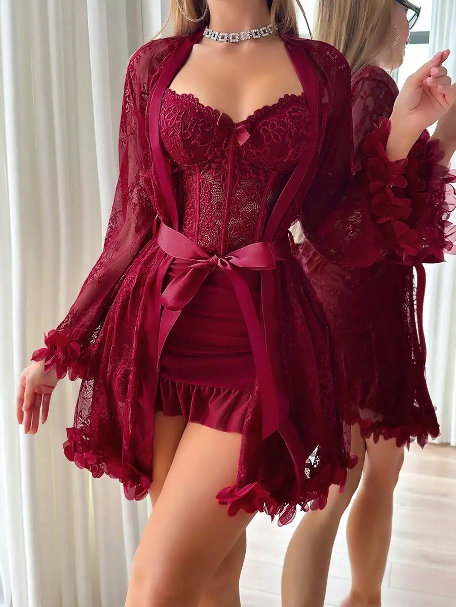 

Burgundy Lace 2-Piece Set: Floral Trim Robe & Corset-Style Camisole Nightgown