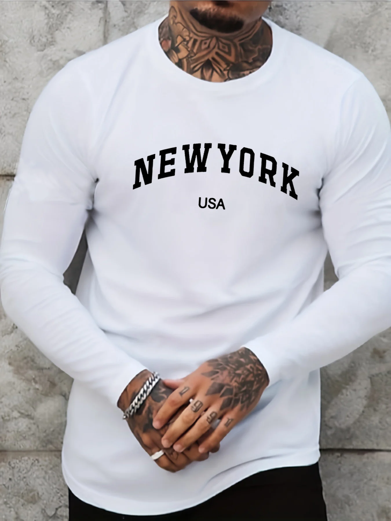 Men's 100% pure cotton loose fit plus size comfortable casual sports Boston letter printed round neck long sleeved T-shirt top image 3