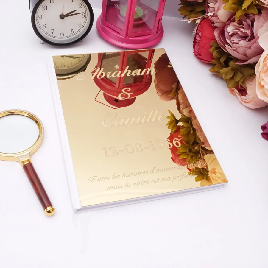 パーソナライズされた結婚式のゲストブック,カスタムアクリルステッカー付きの白い空の鏡,ゲストブック,本のパーティーの装飾