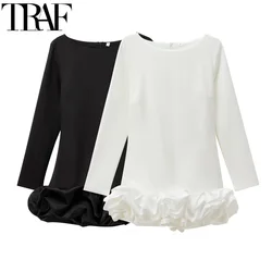 TRAF Ruffle White Dresses Woman Autumn Long Sleeve Dance Mini Dress Elegant Black Short Dress Women Playsuit Party Dresses