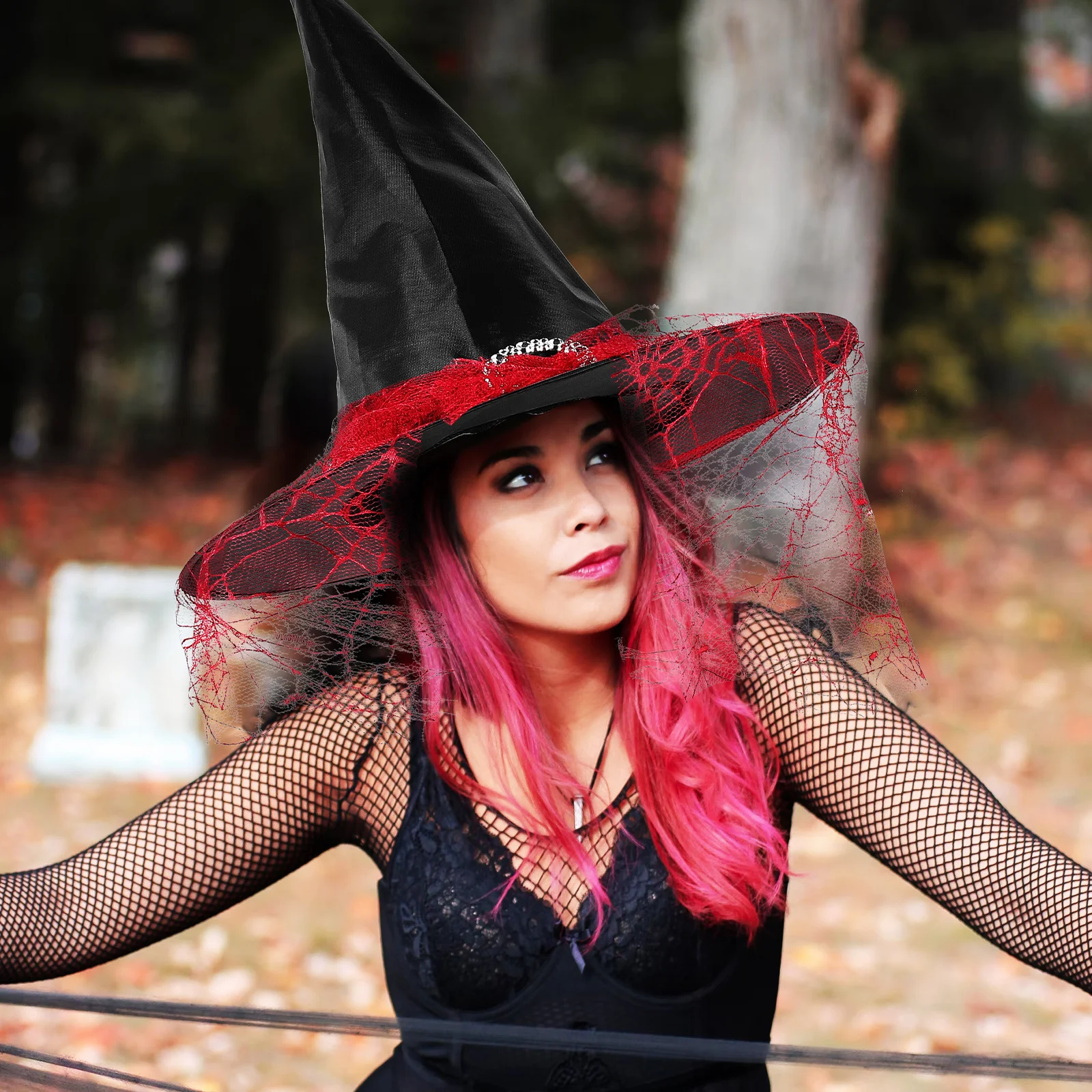 

2pcs Halloween Witch Wizard Hats Red Black Lace Material Party Props Decorative Headdress Costume Accessories