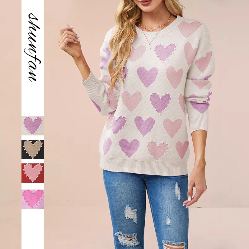 

Boutique New Arrival Valentines Day Pearled Heart Print Pullover Crew Neck Handmade Beads Drop Shoulder Knitted Sweater Women