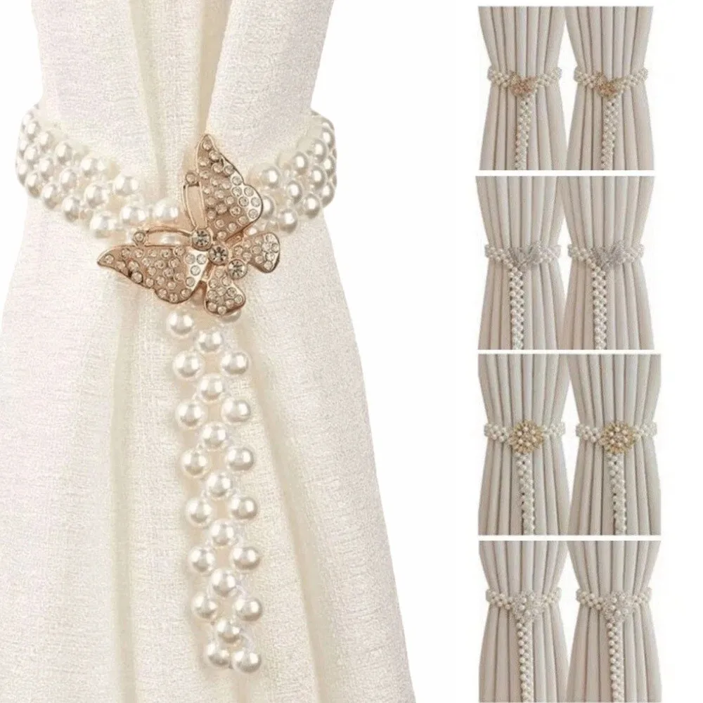 Creative Imitation Pearl Curtain Ties Elastic Butterfly Clips Hexagonal Curtain Tiebacks Adjustable Decorative