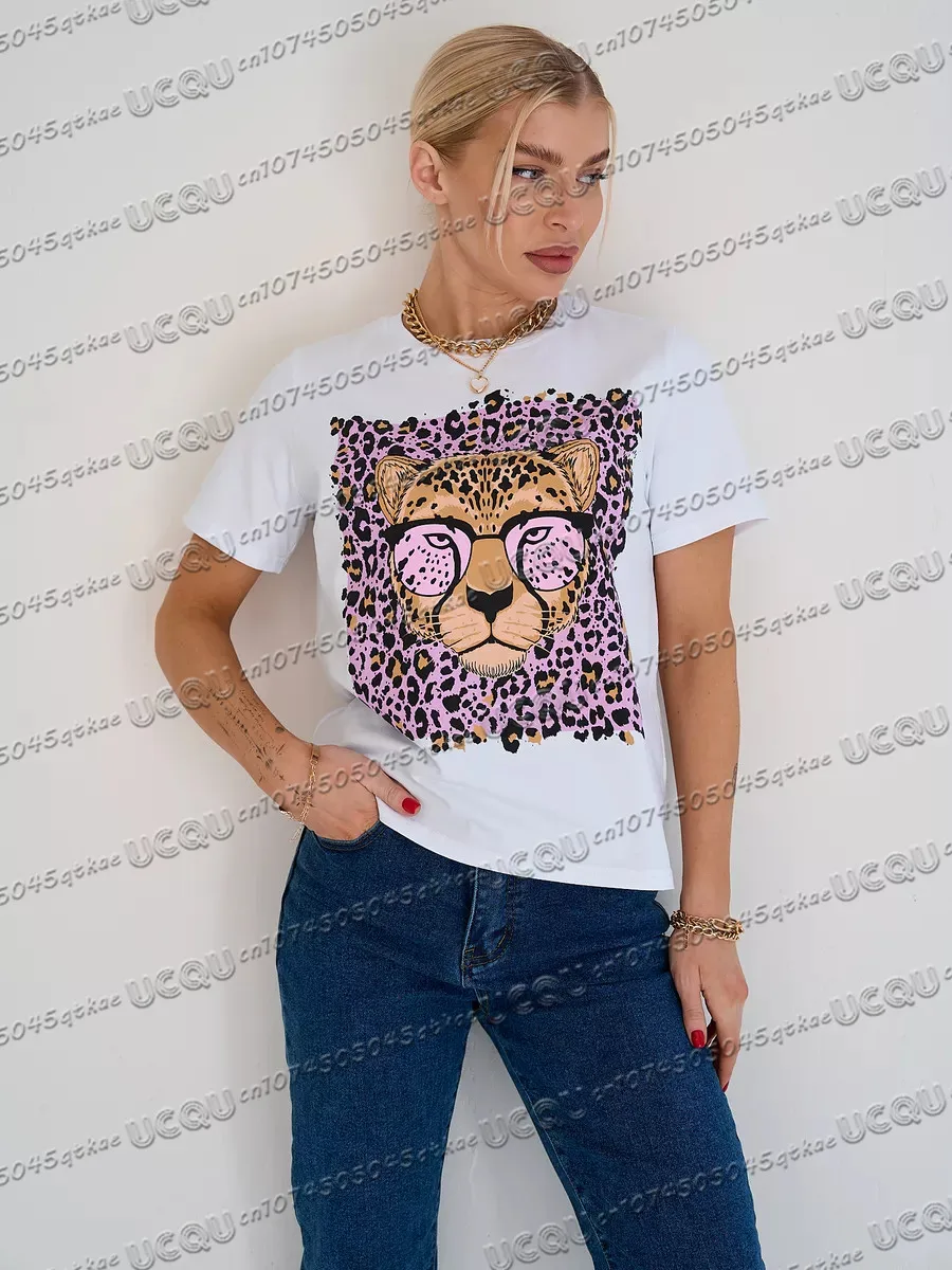 

Y2K Women'S Leopard Print Animal Print T-Shirt Round Neck Loose Short Sleeved Malignant Versatile T-Shirt Casual Women'S Top