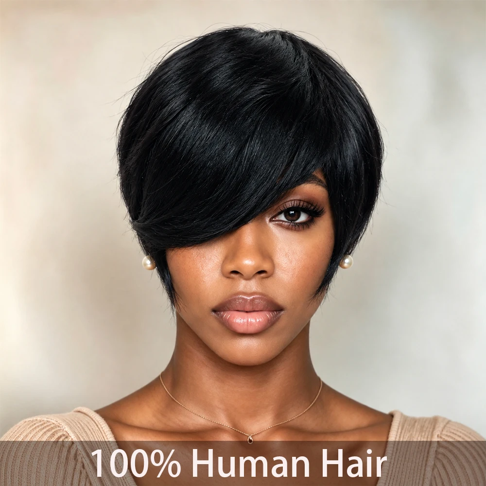 Pixie Cut Wigs Short Human Hair Wigs with Bangs Short Layered  8Inch   Full Machine Made Wig Natural Black Color for Women