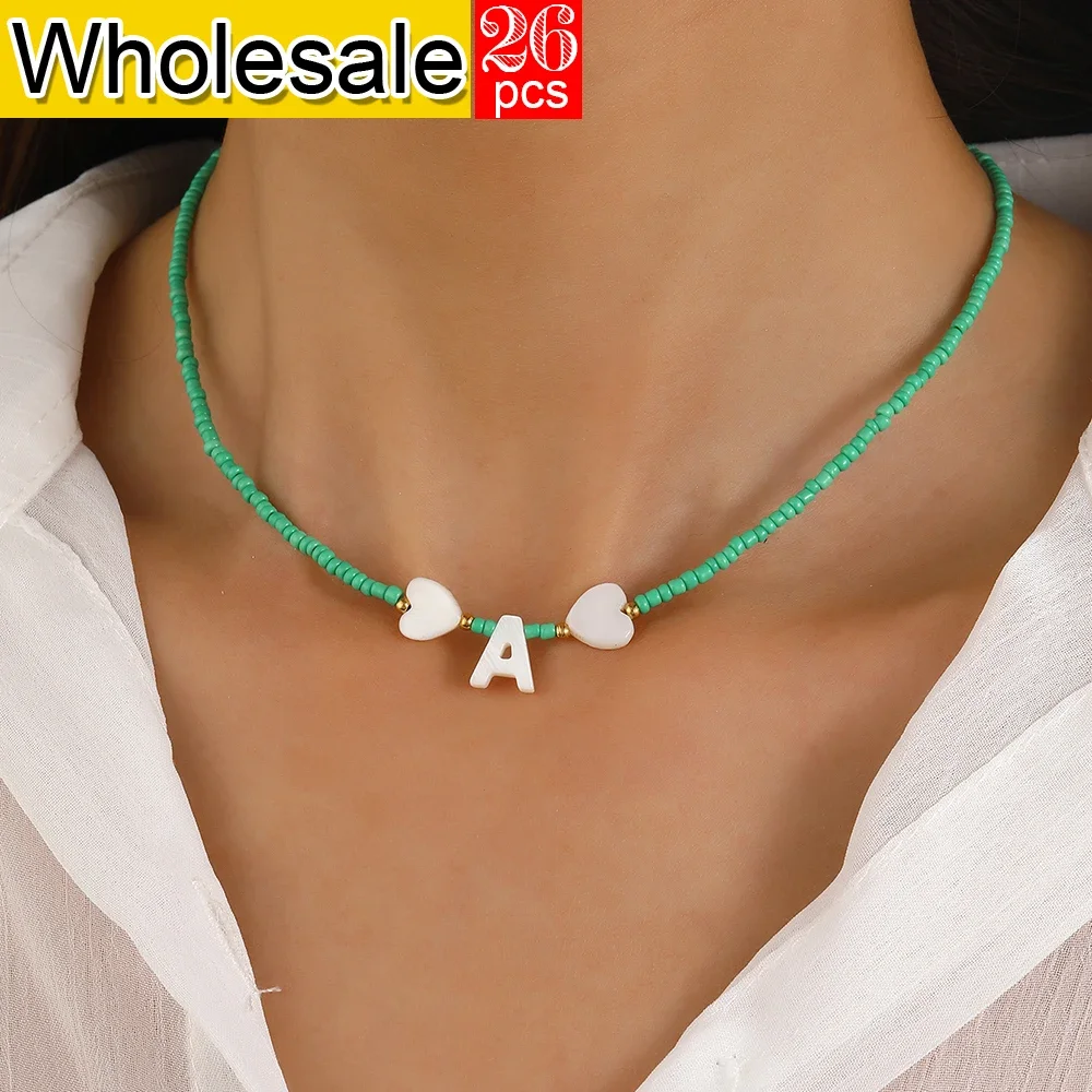 26PCS Bohemian Style Choker Neck Women Necklace Beike Initial Letter green Rice Bead Necklaces Women's Jewelry Birthday Gifts