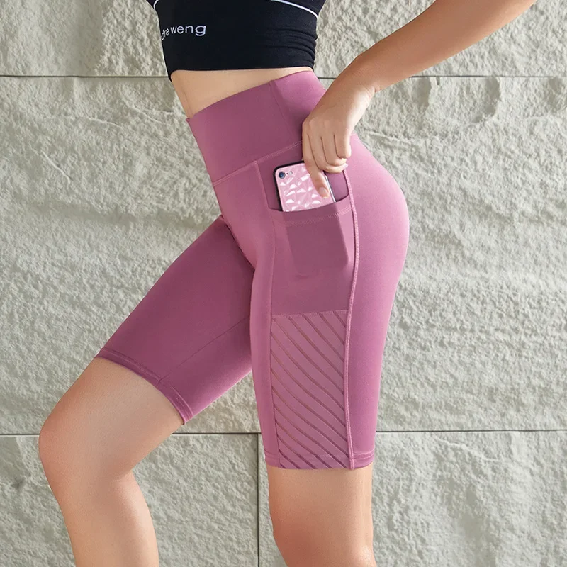 Women Mesh Shorts with Pocket Seamless Slim Leggings Gym Workout Sports Shorts Stretchy High Waist Butt Liftting Yoga Leggings