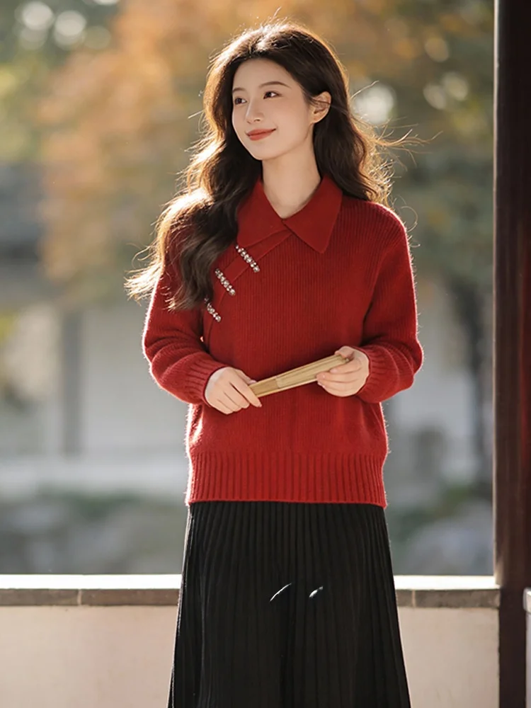 

Wuji Home Knitted Sweater Large Size Spring New Sle Turn-down Collar Oblique Button Design New Chinese Sle Long Sve Top