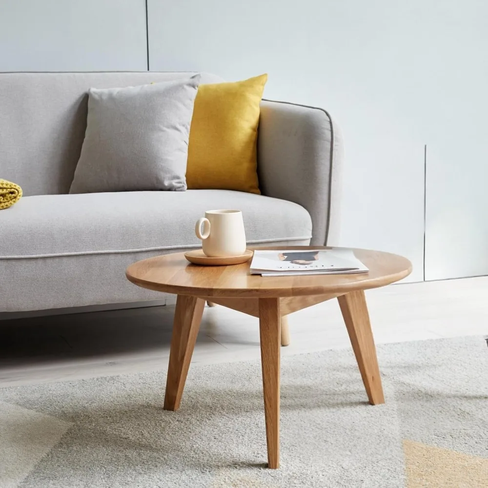 

100% Solid Oak Wood Mini Coffee Table, Round Living Room Table Side Table w/Solid Wood Legs, Walnut Mid Century Sturdy Tables fo