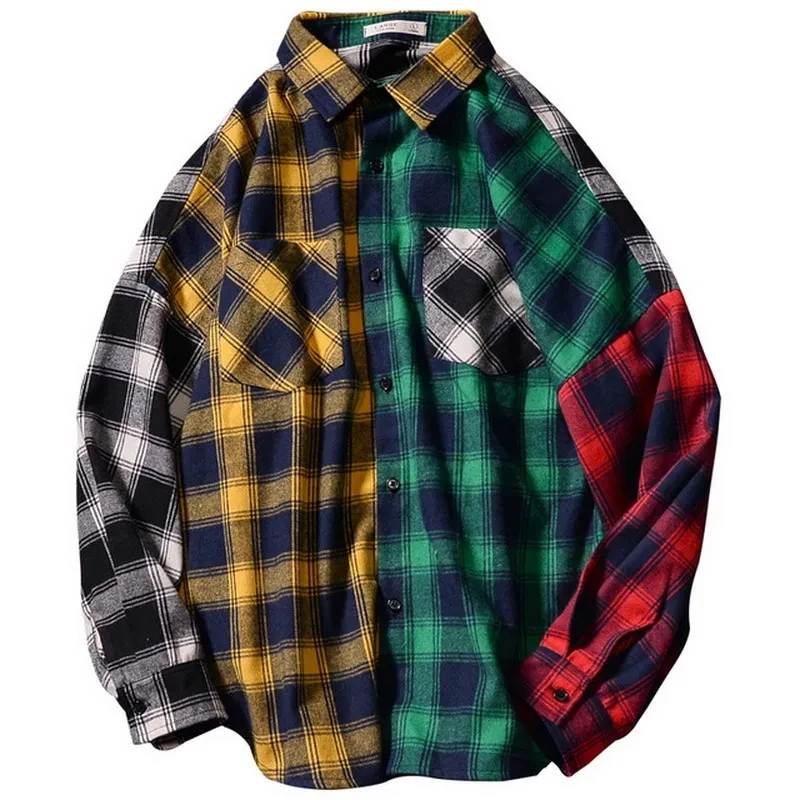 2023 Hip Hop Streetwear Patchwork Casual Plaid Shirt Mens Long Sleeve Loose Blous